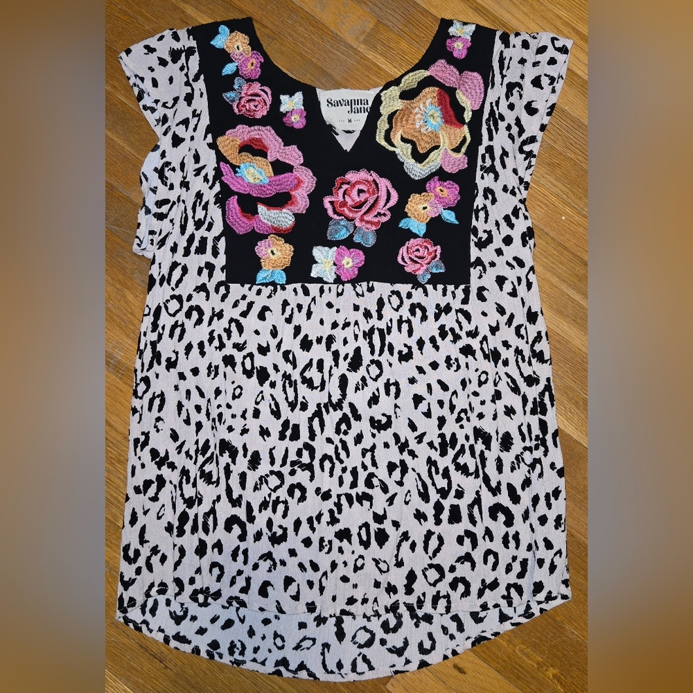 Savanna Jane Black and White Leopard Blouse with Floral Embroidery